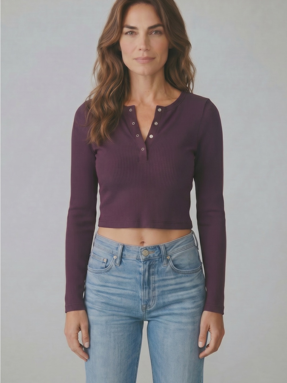 Ribbed Henley Crop Top - Deep Plum